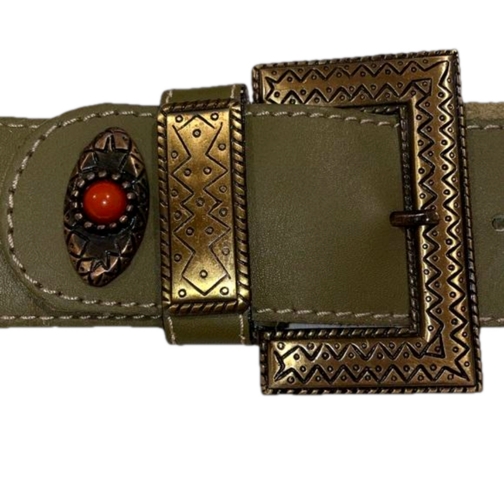 Vintage Avignon green leather belt w/brass hardware and dk orange beads (5) ACCE